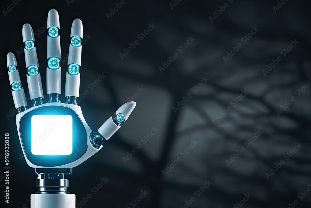 Aufkleber illuminated robotic hand on dark background with customizable content area