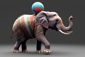 Fototapeta premium Playful Elephant Balancing a Ball in Vibrant 3D Scene with Colorful Patterns and Joyful Tricks