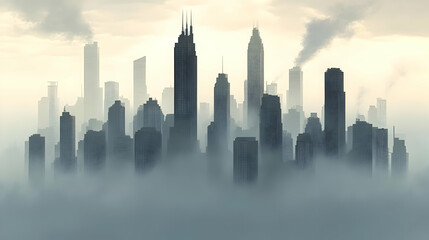 Fototapeta premium A hazy cityscape with tall buildings silhouetted against a cloudy sky.