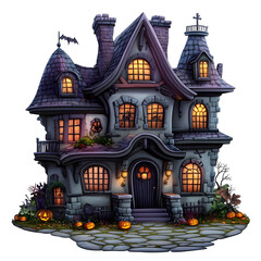 Whimsical Haunted Mansion in Cartoon Style with Halloween Pumpkins and