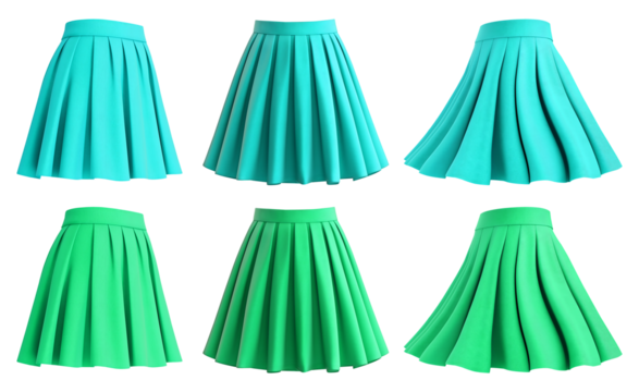 2 Set of turquoise blue green short mini pleated A-line textured tennis flowy flare skirt, front side twirl on transparent cutout, PNG file. Many different angle. Mockup template for artwork design