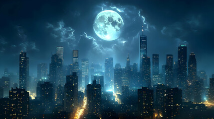 Fototapeta premium A large full moon hangs over a city skyline at night. The moon is blue and surrounded by dark clouds, while the city below is lit up with streetlights.