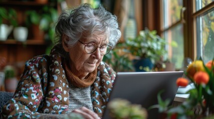 Obraz premium An elderly woman using a laptop at home, staying connected with family and learning new skills.