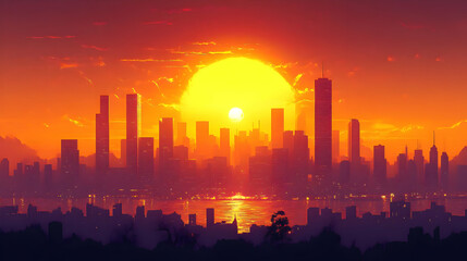 Fototapeta premium A large sun sets over a city skyline, casting an orange glow over the buildings.