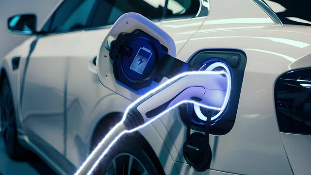 Neon blue charging plug glows as white electric car charges, battery symbol visible, indoor background dimly lit