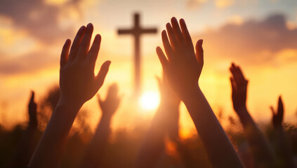 Hands Raised in Prayer with Blurred Cross and Sunset Background, Symbolizing Christian Worship, Easter, and Hope in Jesus Christ