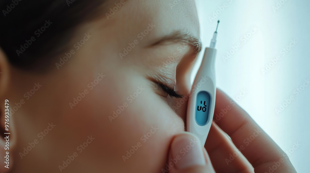 Poster close up of digital thermometer taking an ear temperature reading, showcasing precision and care in 