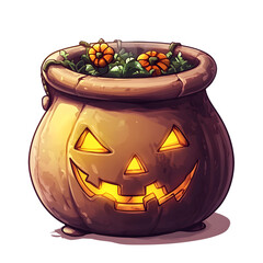 Adorable Cartoon Cauldron with Pumpkin for Halloween