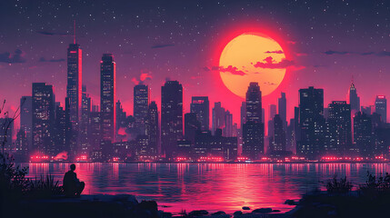 Obraz premium A lone figure sits by a lake, watching the city skyline bathed in the glow of a large, red moon and a sky full of stars.