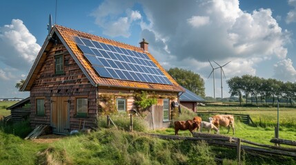 A barn equipped with solar panels and wind turbines, with animals benefiting from sustainable technology.