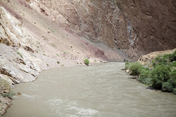 Landscape along the Bartang River in the Gorno-Badakhshan region in Tajikistan