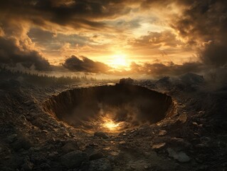 Fototapeta premium Dramatic Sunset Over a Mysterious Crater in a Rocky Landscape with Dramatic Clouds