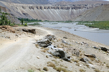 Landscape along the Bartang River in the Gorno-Badakhshan region in Tajikistan