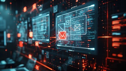 A close-up of an email interface showing multiple junk mail messages, with a prominent alert indicating compromised personal information. The background is a modern office. 