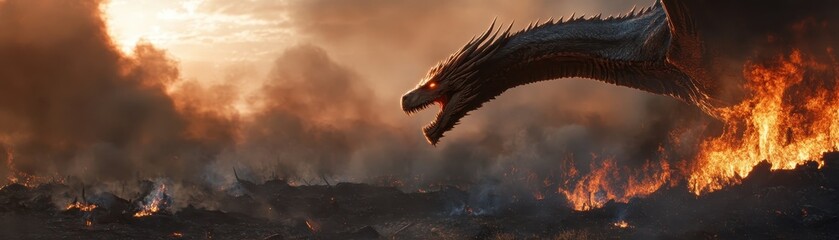 Fototapeta premium Majestic Dragon Soaring Over a Fiery Landscape at Sunset