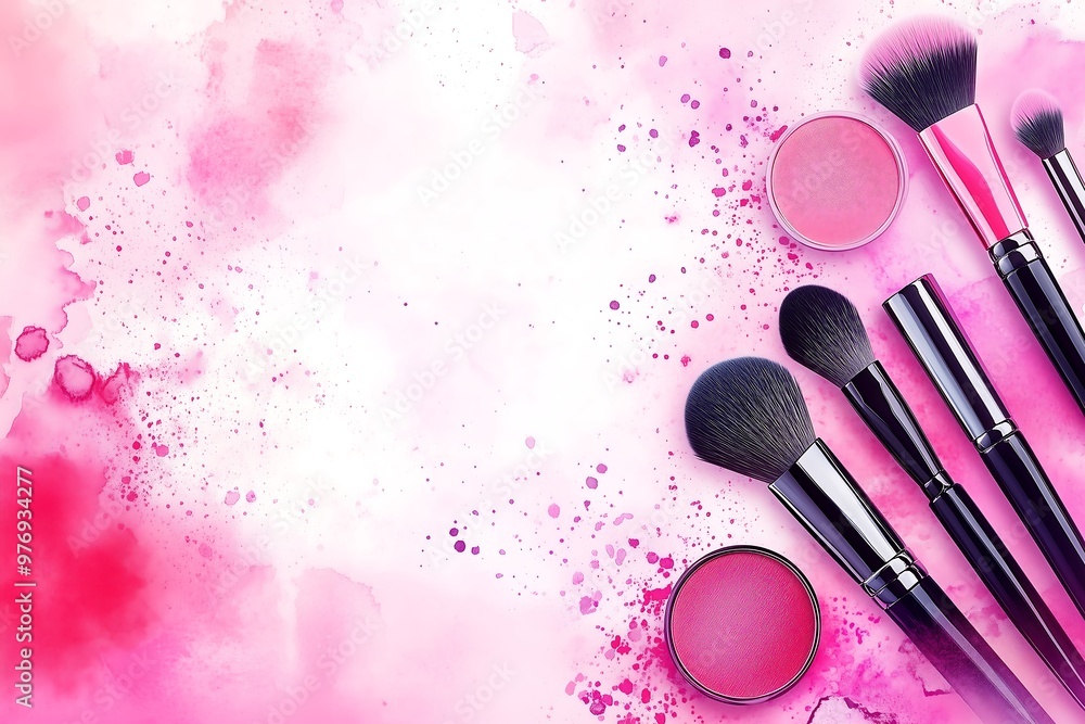 Wall mural Pink Makeup Brushes and Blush on Watercolor Background, Beauty Tools