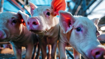 Pigs in automated feeding stations, with data analytics displayed on overhead monitors. - Powered by Adobe