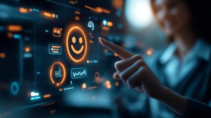 person interacting with futuristic touchscreen interface, smiling emoticon highlighted. digital innovation and user experience