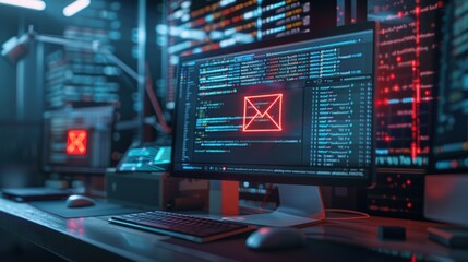 A close-up shot of a computer screen showing an email inbox alert with a bright warning sign for a spam virus. The email list shows suspicious subject lines. magazine photography, Canon EOS R5, color