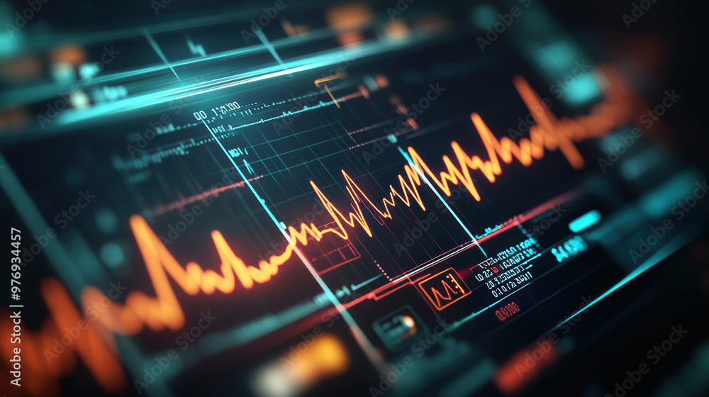 Poster close up of heart rate monitor displaying real time data with vibrant orange and blue waveforms, sho