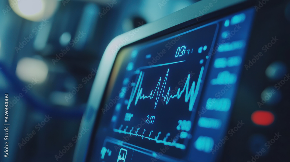 Poster close up of heart rate monitor showing real time data with blue background, reflecting vital signs a