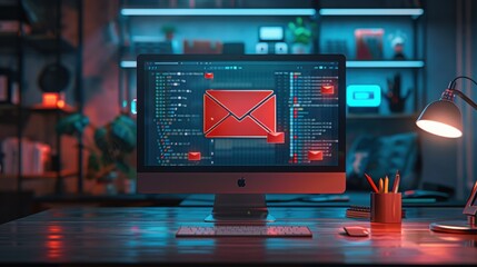 A computer screen displaying an email inbox filled with junk mail, with a highlighted warning about compromised information. The background shows a worried user. 