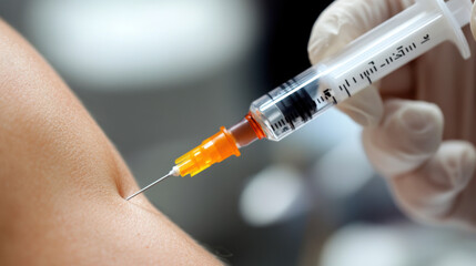 Close up of patients arm with syringe administering vaccine, showcasing medical procedure and careful handling by healthcare professional