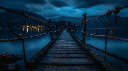Fototapeta premium At midnight a lakeside walkway with energetic ropes
