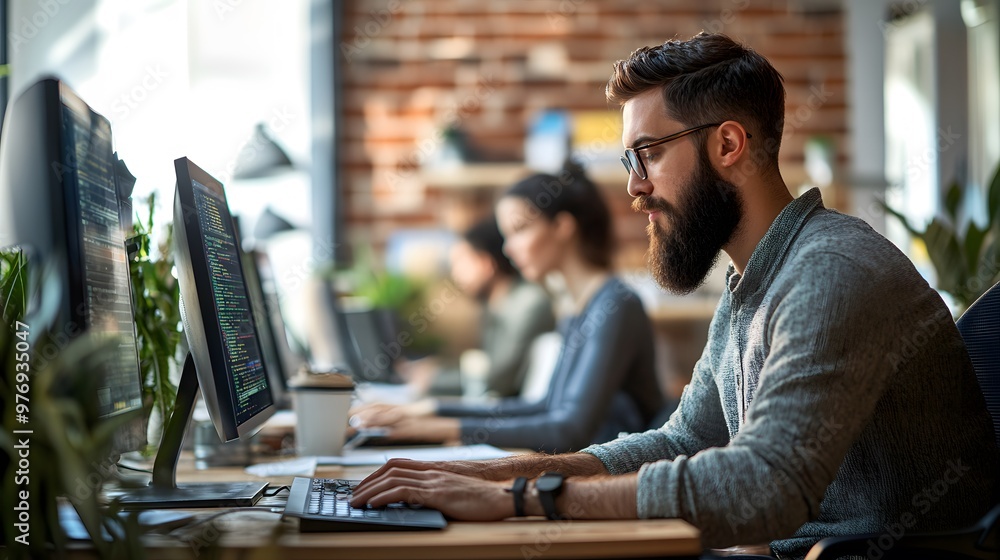 Poster bearded man in glasses typing code on a computer in an office