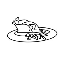Vector drawing. Holiday Roast Turkey. Thanksgiving dish with olive branch. Design element on a white background. Doodle