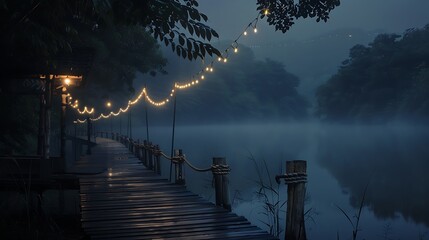 Fototapeta premium At midnight a lakeside walkway with energetic ropes