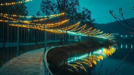 Fototapeta premium At midnight a lakeside walkway with energetic ropes