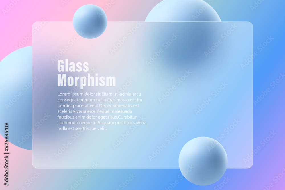 Poster glass morphism website landing page template. transparent horizontal presentation screen with glass 