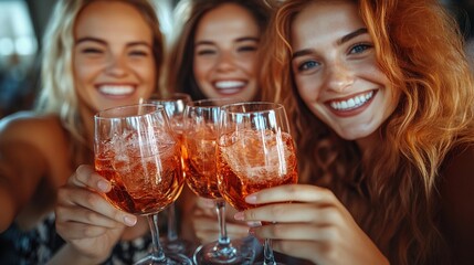Sparkling Summer Cheers: Three radiant young women, bathed in the warm glow of the setting sun, raise their glasses of Aperol Spritz in a toast to friendship and summer bliss. 