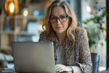 Focused Woman Working on Laptop in Office
