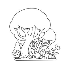 vector contour drawing of a forest landscape. cartoon trees surrounded by flowers, grass, mushrooms. Isolated children's coloring page