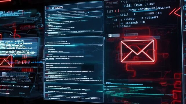 A close-up of an email interface showing multiple junk mail messages, with a prominent alert indicating compromised personal information. The background is a modern office.