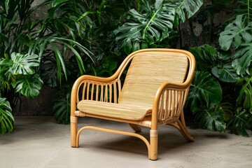 Bamboo chair with organic curves, positioned in a sustainable, nature-inspired interior surrounded by greenery, bamboo chair, sustainable interior decor