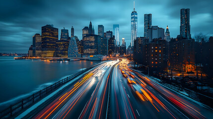 A long exposure shot of a highway in New York City at night, with the city skyline in the background. The highway is lit up by the headlights of cars.