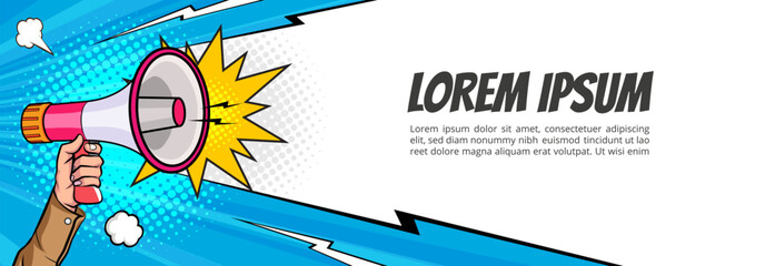 Hand holds megaphone bullhorn in retro pop art comic style  Loudspeaker Business banner