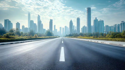 A long, straight asphalt road leading towards a distant skyline of modern skyscrapers under a clear, blue sky.