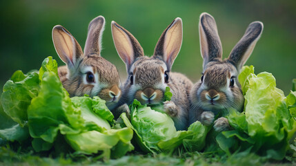 Obraz premium A group of rabbits nibbling on fresh lettuce.