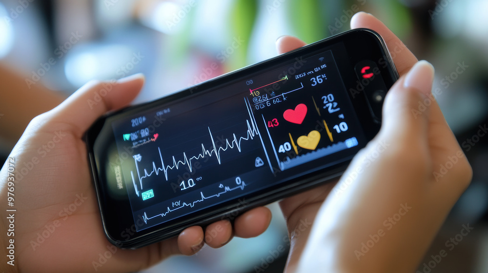 Poster hands holding digital heart monitor displaying vital signs, showcasing heart rate and temperature re