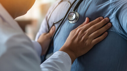 A healthcare professional is placing stethoscope on patients back, demonstrating medical examination. scene conveys sense of care and professionalism in clinical setting
