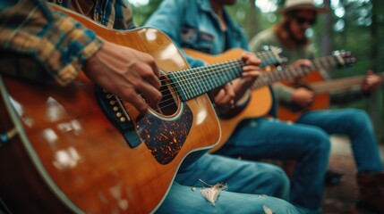 Fototapeta premium a group of friends strum guitars and sing together, the rain harmonizing with their melodies, their bond and warmth palpable in the serene setting.
