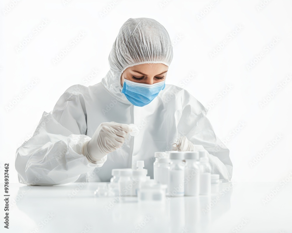 Wall mural woman in a cleanroom suit inspecting pharmaceutical products for quality control, pure white backdro