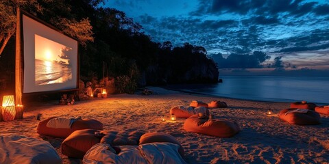 An inviting outdoor beach cinema featuring bean bags and a large screen under the stars