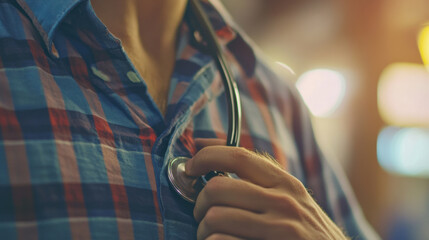 A healthcare professional wearing plaid shirt is adjusting stethoscope around their neck, symbolizing care and attention in medical setting