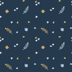 Branch seamless pattern. Cute Seamless pattern of branches and flowers with leaves on a dark blue background. EPS10
