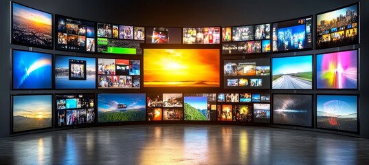 Modern Tv Video Wall Displays a Multimedia Collage of Channels, Images, and Streaming Content